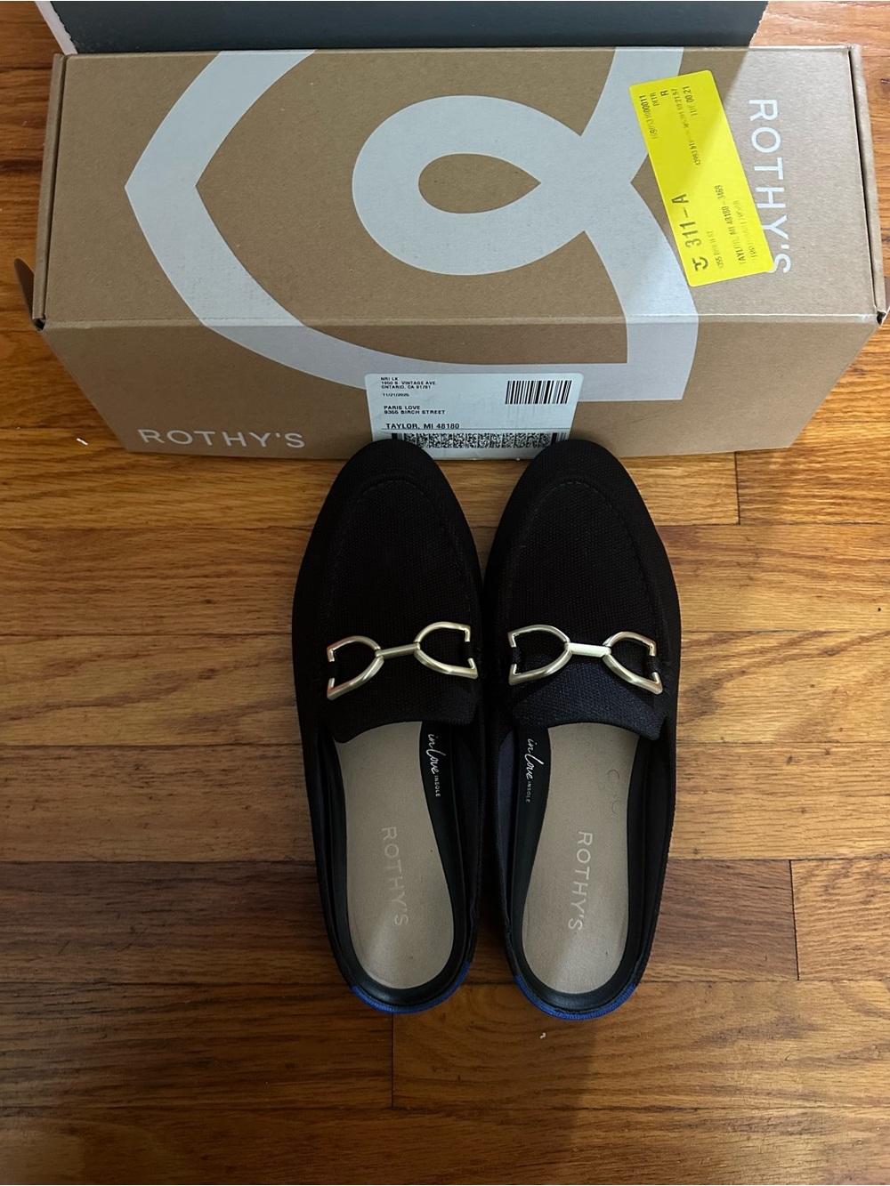 Rothy's Black Slip-On Loafers with Gold Chain Detail
